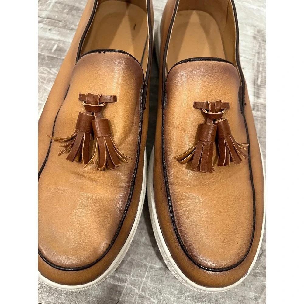Tassel Loafers Mens Size 44 Brown Leather Slip On Burnished Sneaker Sole